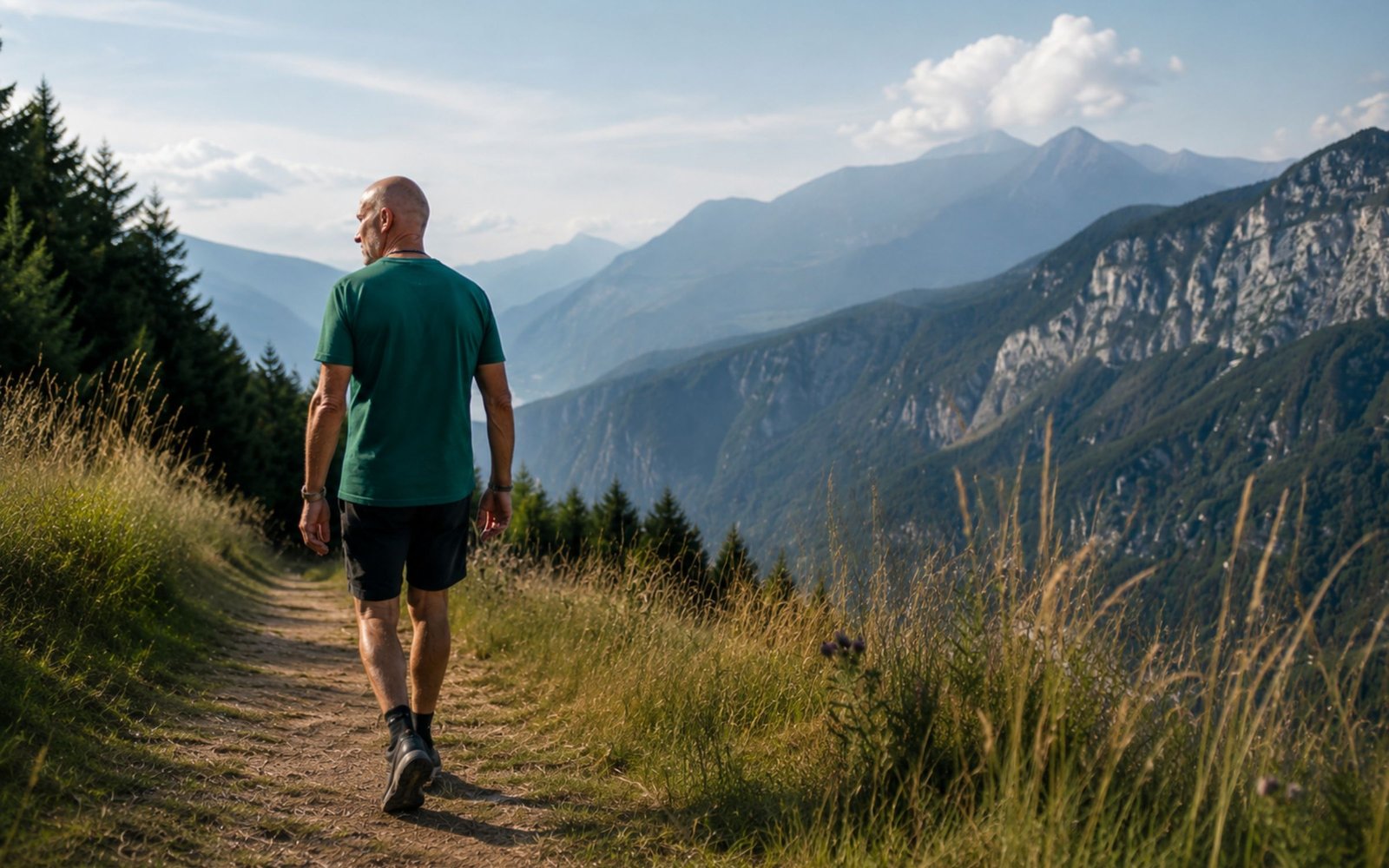 Persona che cammina lentamente nella natura del Trentino lungo un sentiero di montagna