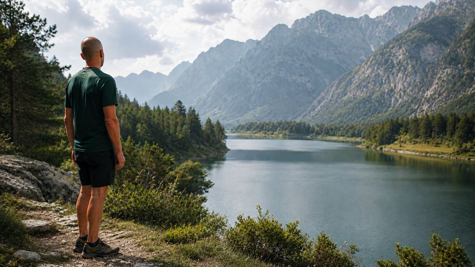 Uomo immerso nella natura alpina mentre osserva un lago e le montagne